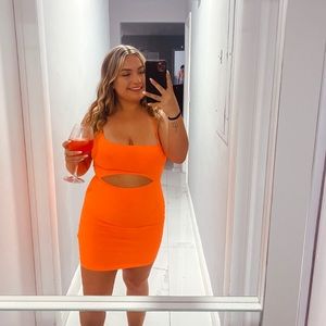 neon orange cut out dress